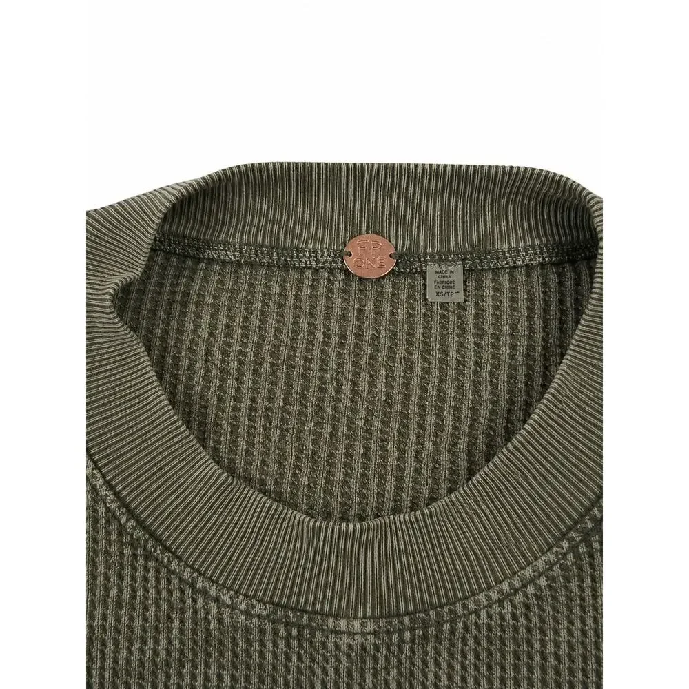 FP One Free People Olive Green Waffle Knit Cropped Lace Up Long Sleeve L